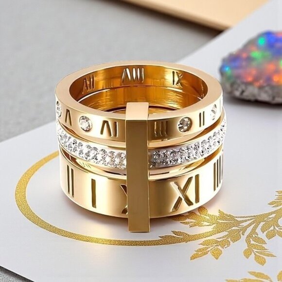 🆕️Modern Classic Roman Numeral Unisex Ring 18K Gold Plated Stainless Steel Sz 7 - Picture 1 of 12